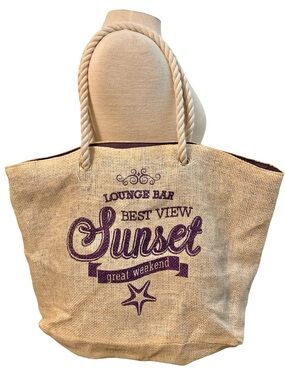 Pier 27 Beach Ocean Cruise Vacation Tote Bag Woven Jute Lounge Bar Sunset Large